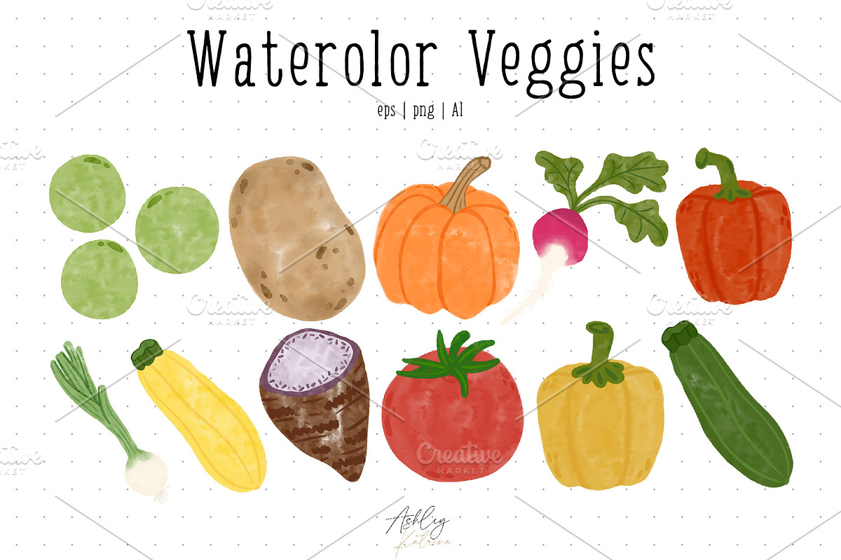 Watercolor Veggies with & w/o Faces, an Illustration by Ashley Katrina (Photo 5 of 10)