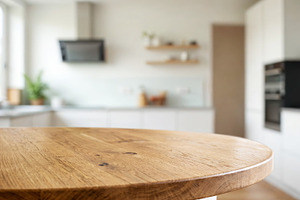 Empty round wooden oak table top, a Food & Drink Photo by Volff