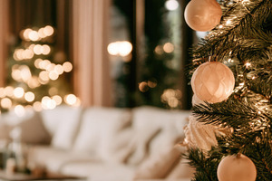 Elegant Christmas tree with warm lights in cozy living room
