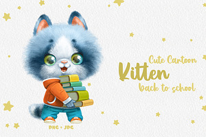 Cartoon Schoolkitten with textbooks, an Animal Illustration by Azuzlikus