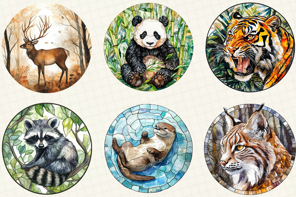 Wild Animals Round Stained Glass, an Illustration by OK Design (Photo 2 of 5)