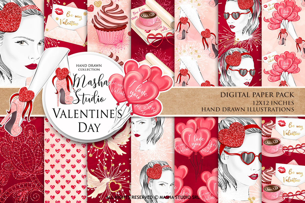 VALENTINE'S DAY digital paper, a Pattern Graphic by Masha Studio
