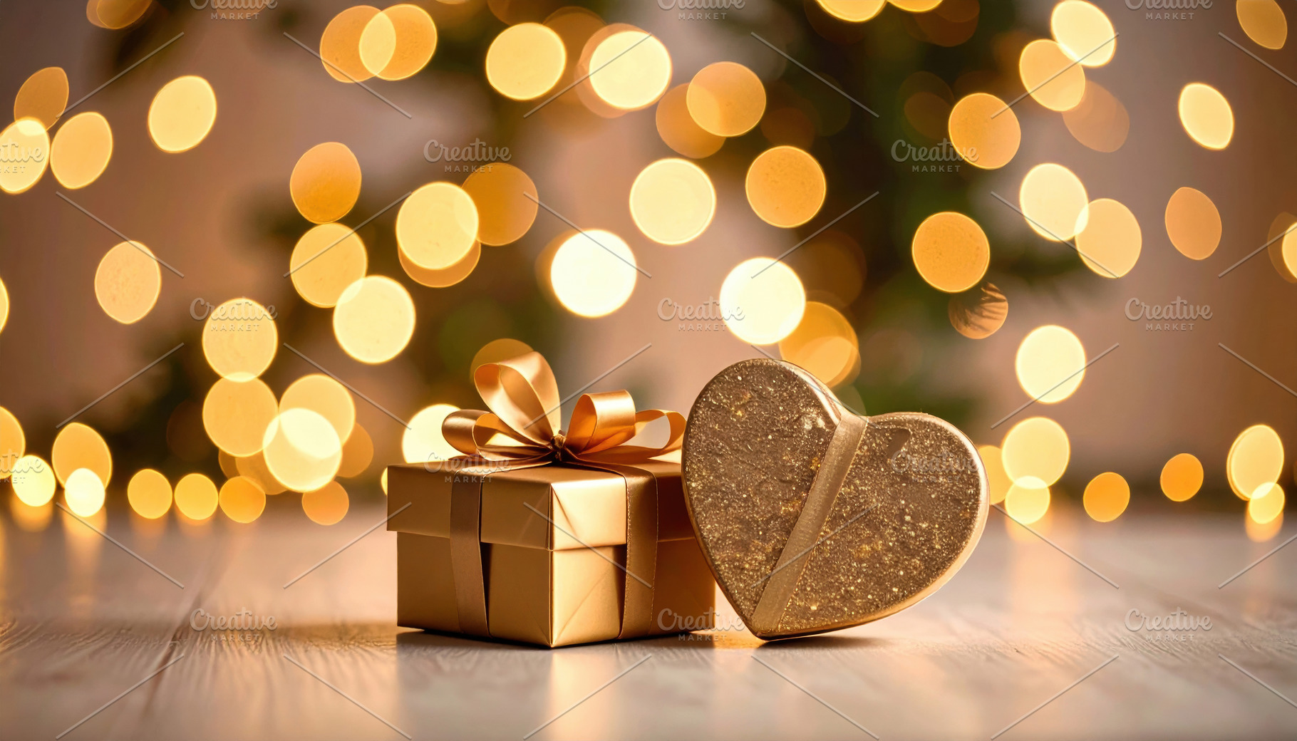Golden gift box and heart with festive lights, a Holiday Photo by Davizro's Market