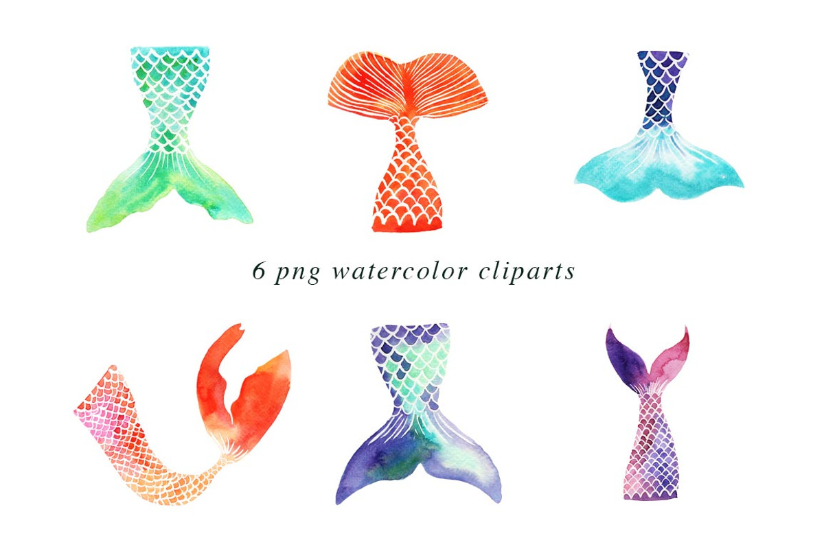 Mermaid Tails Watercolor Cliparts, an Illustration by Heartmade by Claudia (Photo 2 of 2)