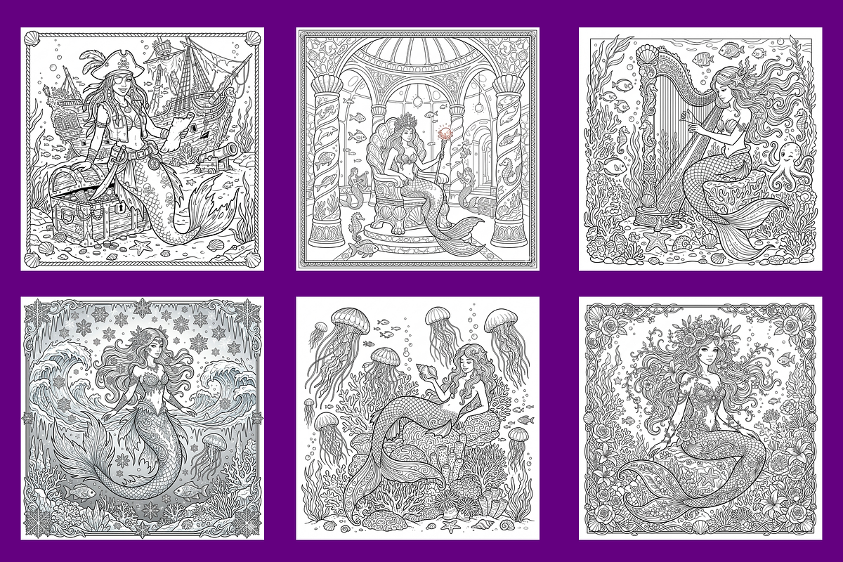 Mermaid Coloring Pages, a Person Illustration by BerryPieArt (Photo 3 of 3)