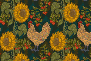 Sunflowers Cranberries and Hen, a Pattern Graphic by NayaChu