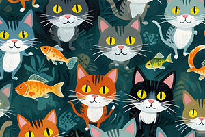 Bright Eyed Cats and Fishy Friends, an Animal Illustration by Sharon Schwalbe