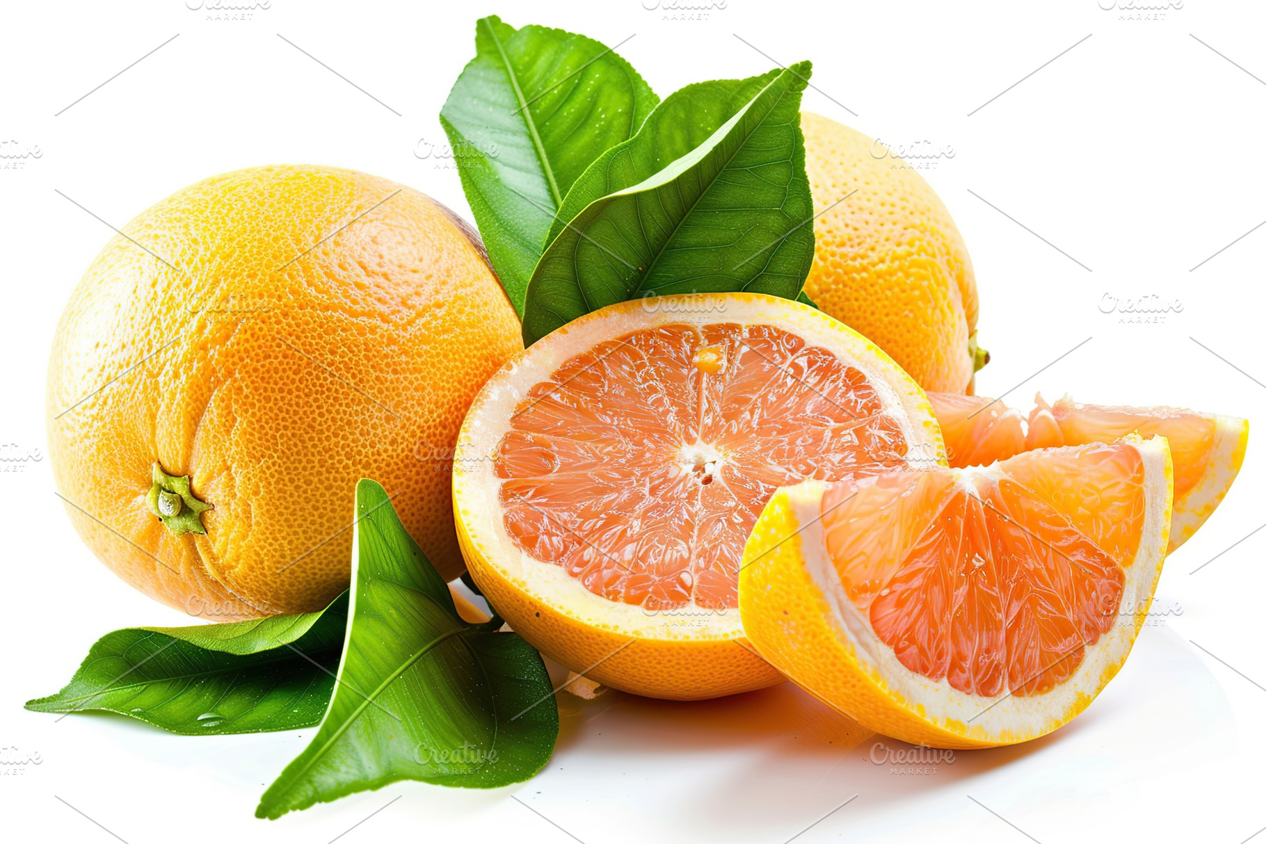 Fresh and tasty grapefruits with green leaves on white background, a Food & Drink Photo by AlyaAnd