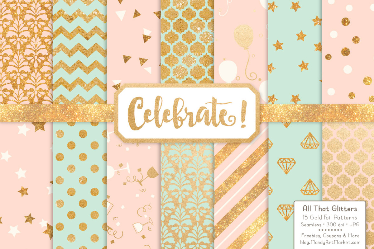Mint & Peach Gold Foil Digital Paper, a Pattern Graphic by Amanda Ilkov (Photo 1 of 4)