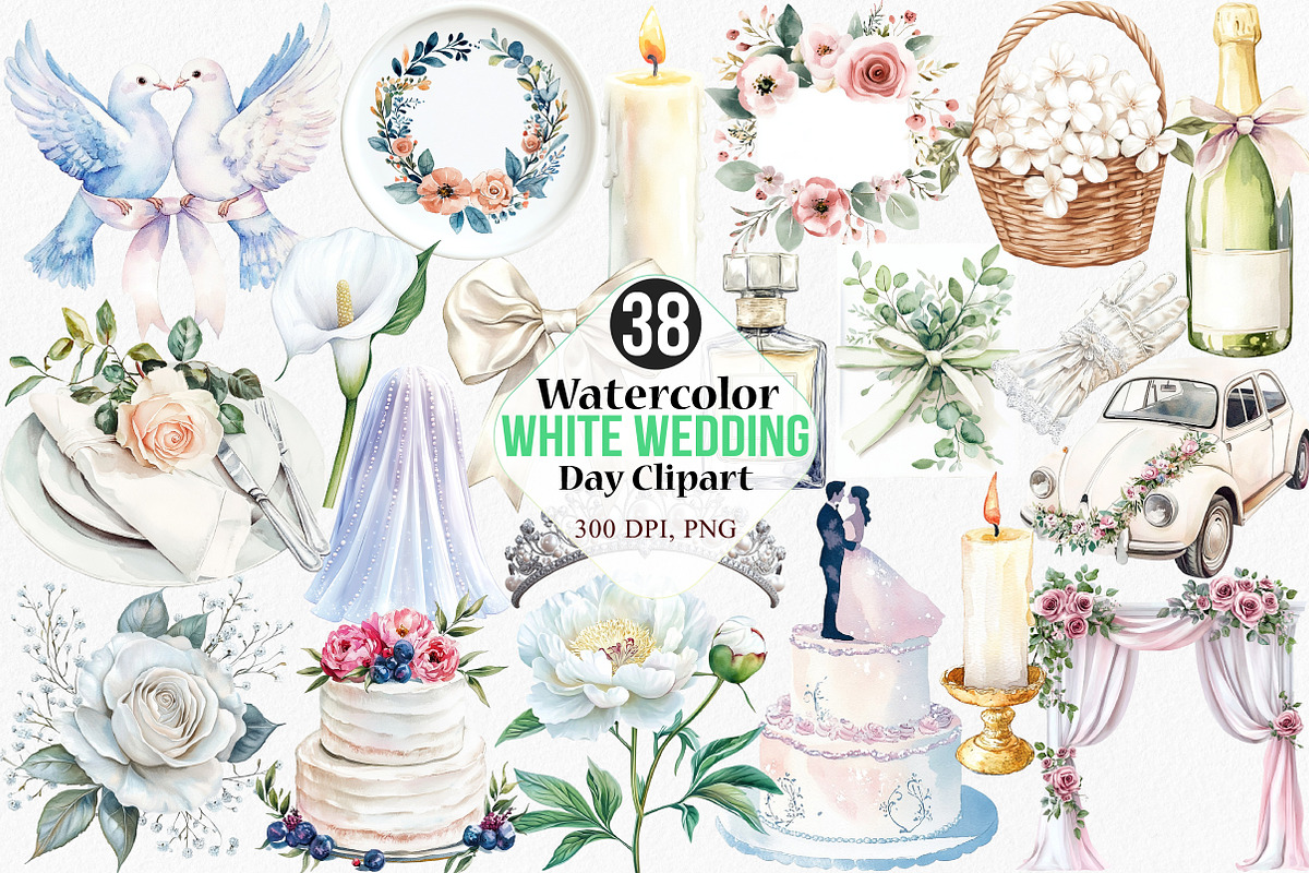 Watercolor White Wedding Day Clipart, an Illustration by Canvas Craft (Photo 1 of 8)
