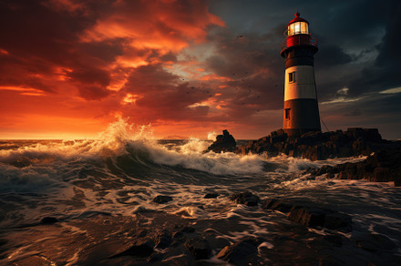 A bold lighthouse standing against a stormy sea under a brooding, a Nature Photo by designvectx
