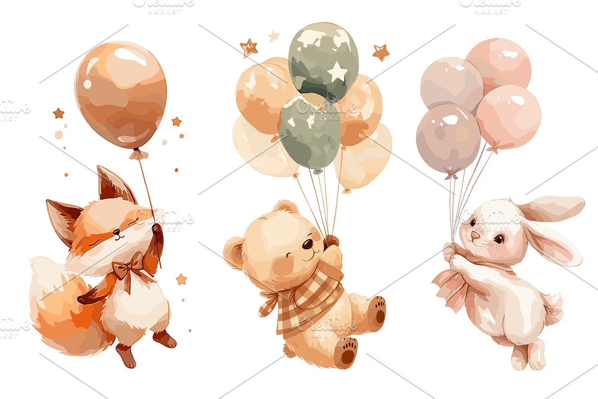 Animals on balloons. Watercolor cute, an Object Illustration by Stock-Smart-Start