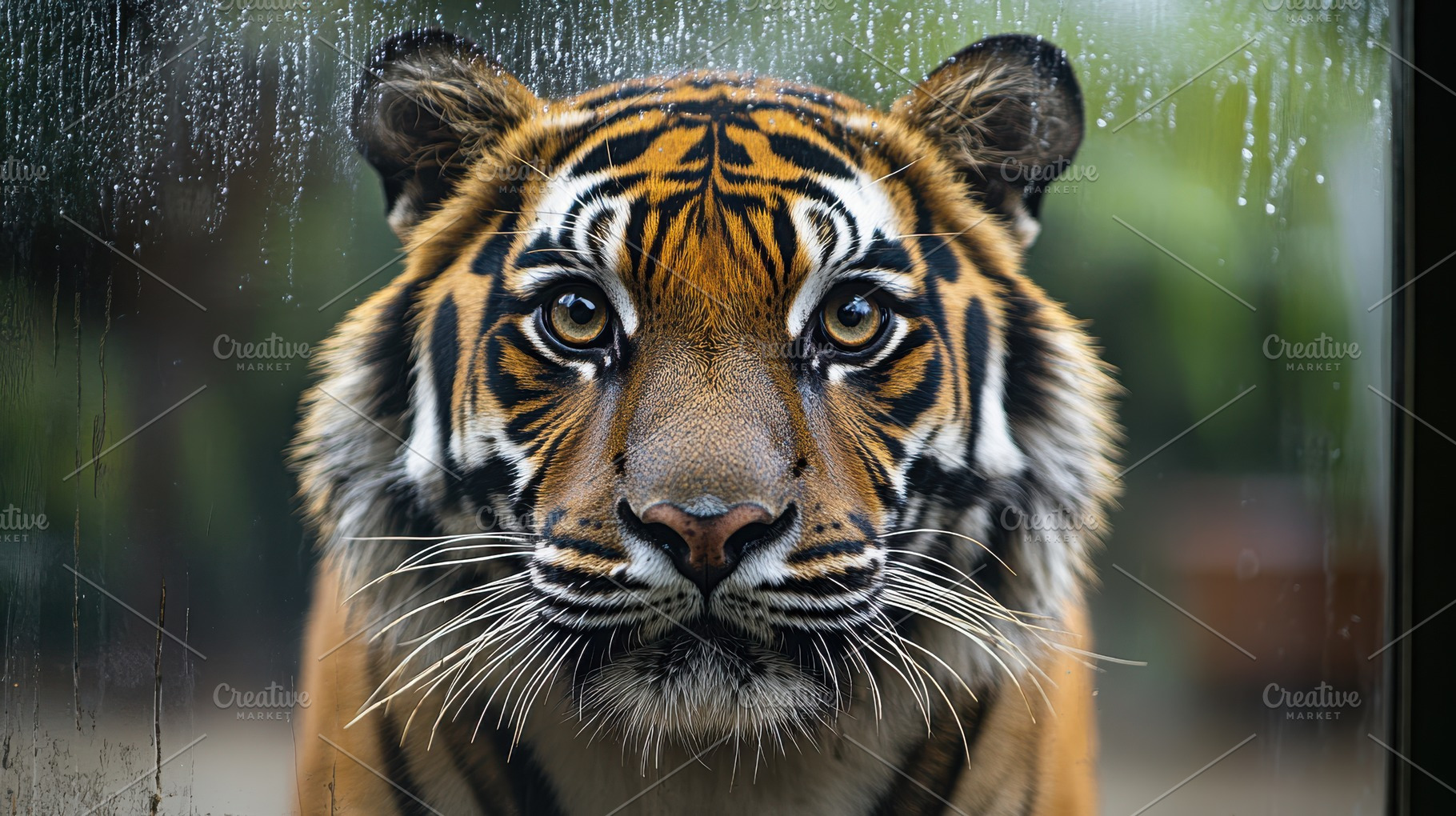 Tiger gazes intently, face close to, an Animal Photo by Pixeness Studio