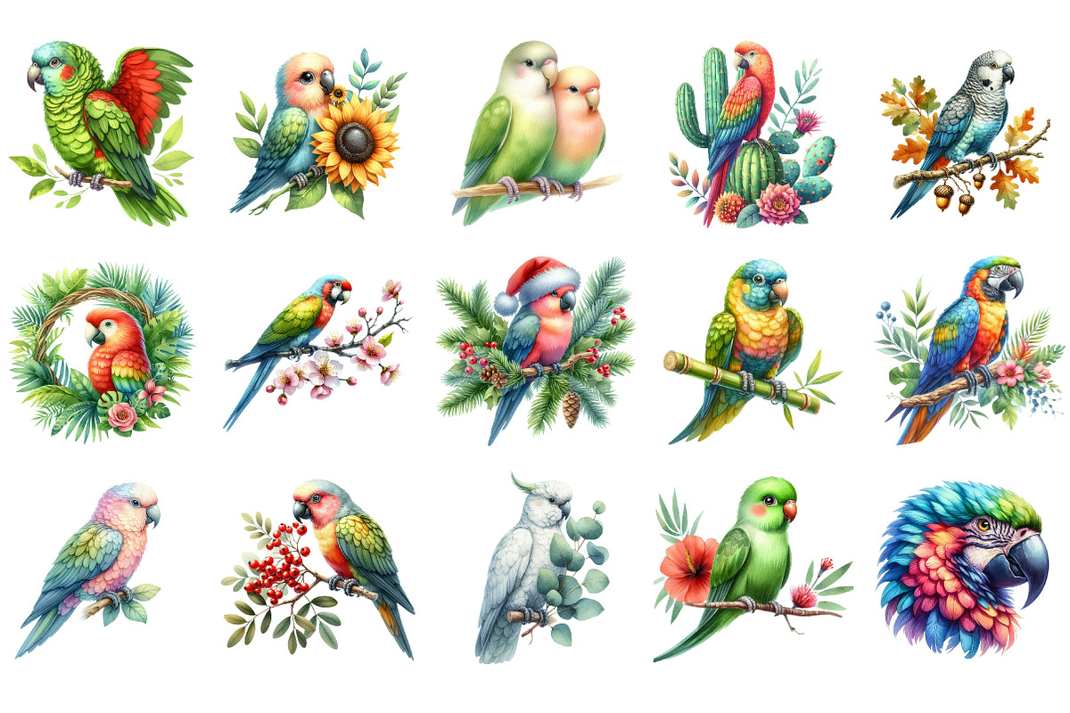 Watercolor Parrots Clipart, an Illustration by Designking (Photo 2 of 5)