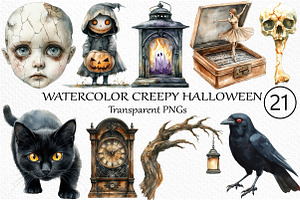 Watercolor Creepy Halloween Clipart, an Illustration by Craft Nest