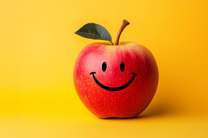 Red apple with a smile drawn on it, a Food & Drink Photo by MistyDay