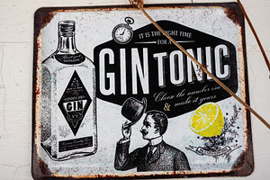 Retro Gin Tonic Sign with Vintage Illustration and Lemon Element, a Photo by AS photostudio