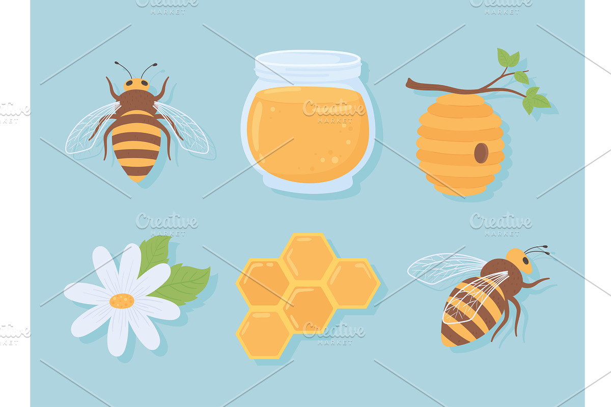 set of bee and honey, a Food Illustration by studiogstock