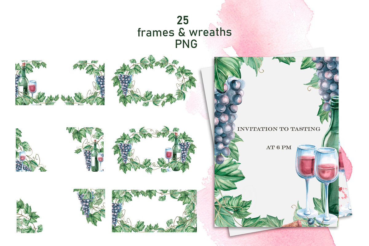 Wine and Grapes,watercolor clip art, a Food Illustration by SvetLana (Photo 7 of 16)