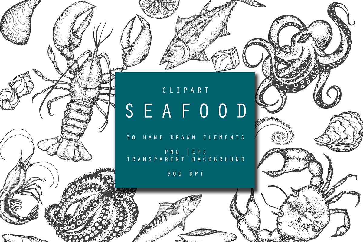 Seafood hand drawn clip art., an Object Graphic by Hand drawn Boutique (Photo 1 of 7)