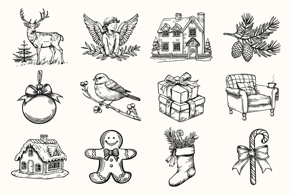 Vintage Christmas Illustration Set, an Object Illustration by NatalieArtShop (Photo 2 of 9)