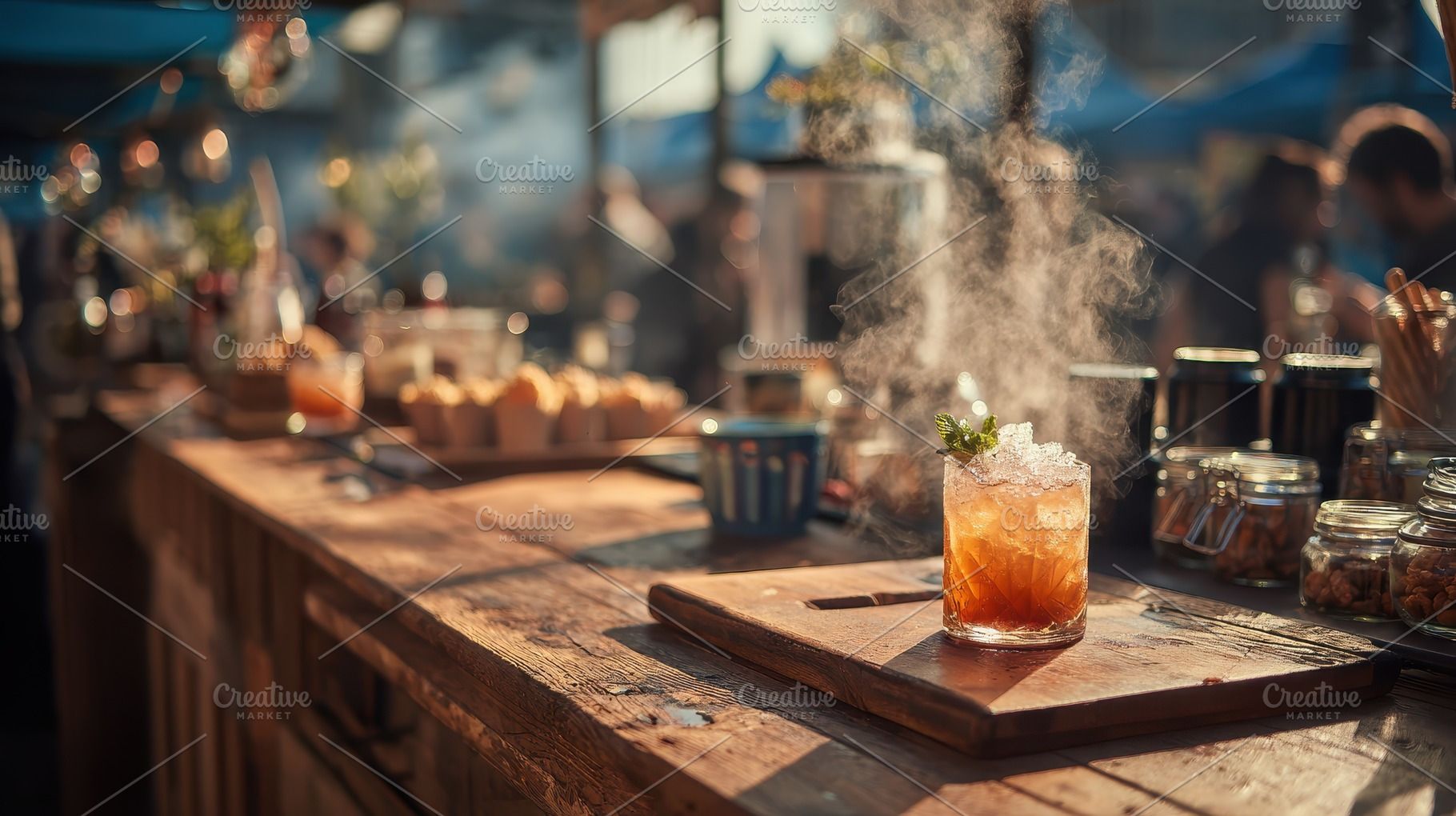 Steaming cocktail at outdoor market, a Photo by Pixeness Studio