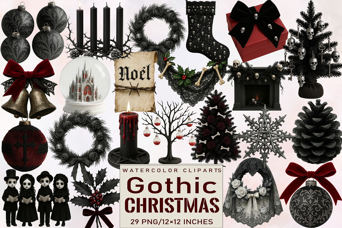 Watercolor Gothic Christmas Clipart, an Illustration by SVGArt (Photo 1 of 8)