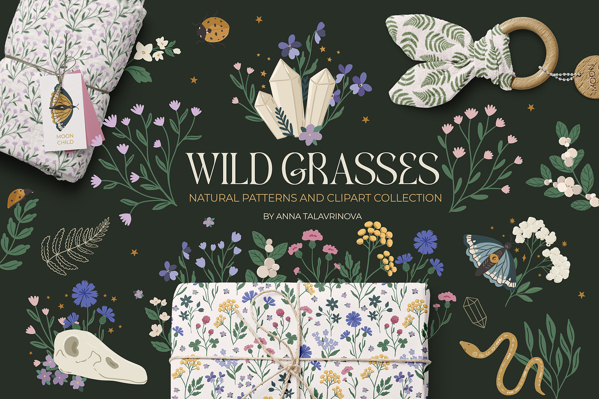 Wild Grass Mystic pattern&clipart, a Background Graphic by Cozy pattern shop (Photo 1 of 12)