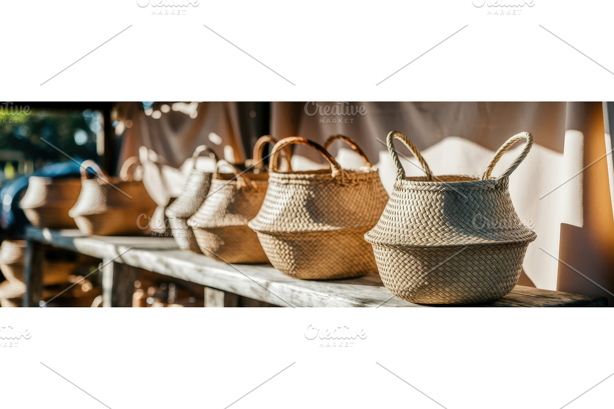 Handcrafted woven baskets displayed, an Illustration by tilialucida