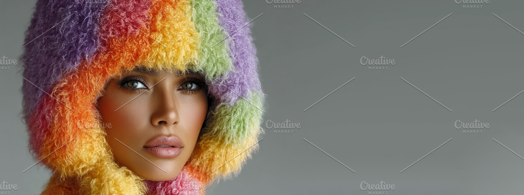 Stylish woman in soft rainbow wool hat gazing forward with calm, a Person Photo by José Manuel Gelpi