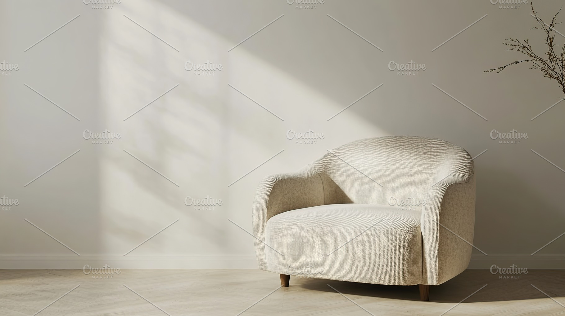 Soft armchair near blank light wall with sunlights, an Abstract Photo by AlyaAnd