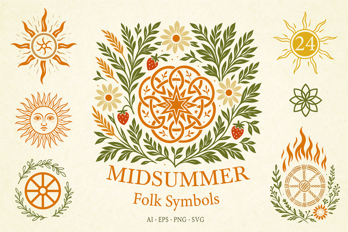 Midsummer Folk Symbols Vector Set, a Seasonal Illustration by Christine Krahl (Photo 1 of 11)