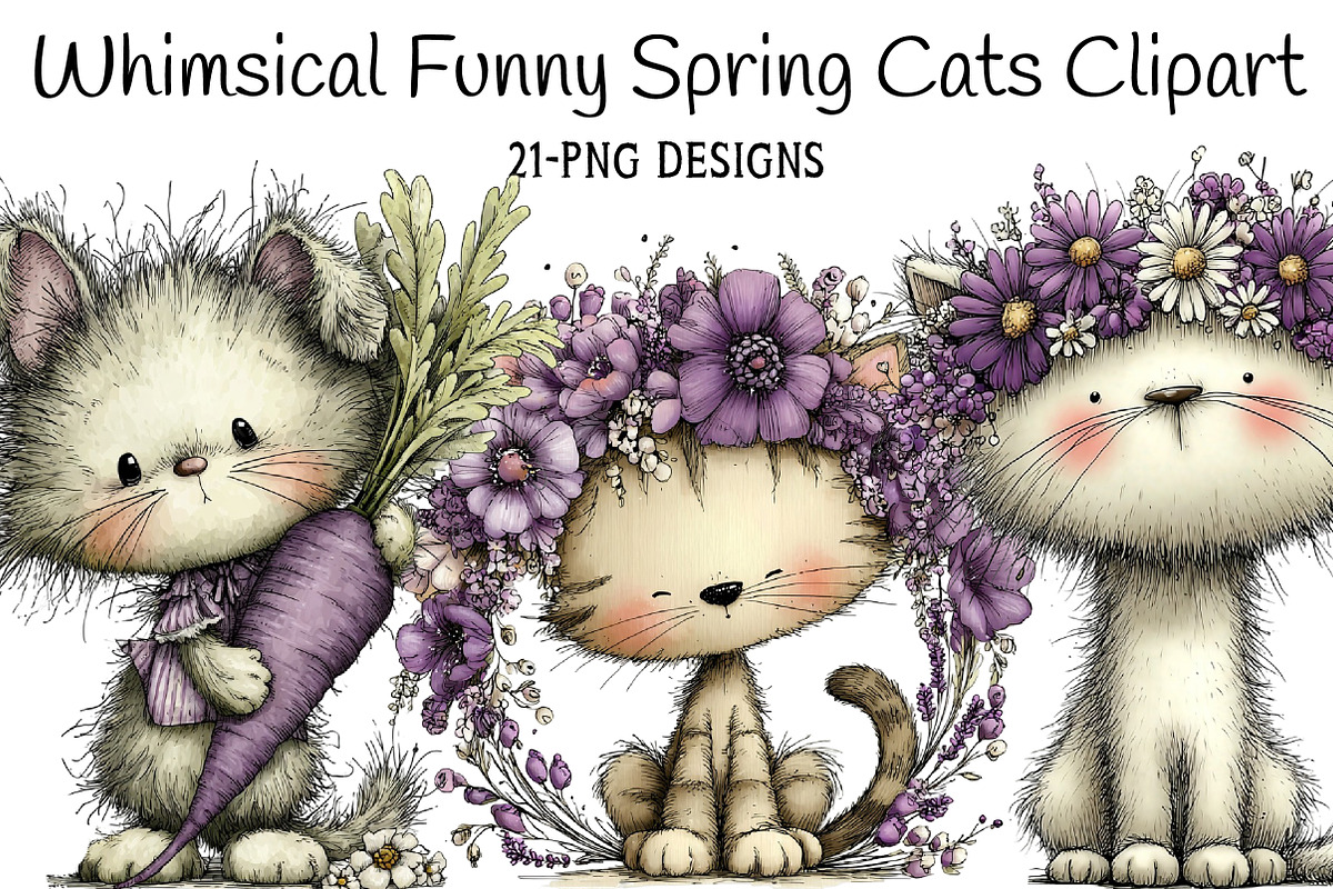 Whimsical Funny Spring Cats Clipart, an Illustration by Daily.Designs (Photo 1 of 5)