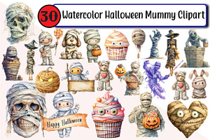 Watercolor Halloween Mummy Clipart, an Illustration by Design Market