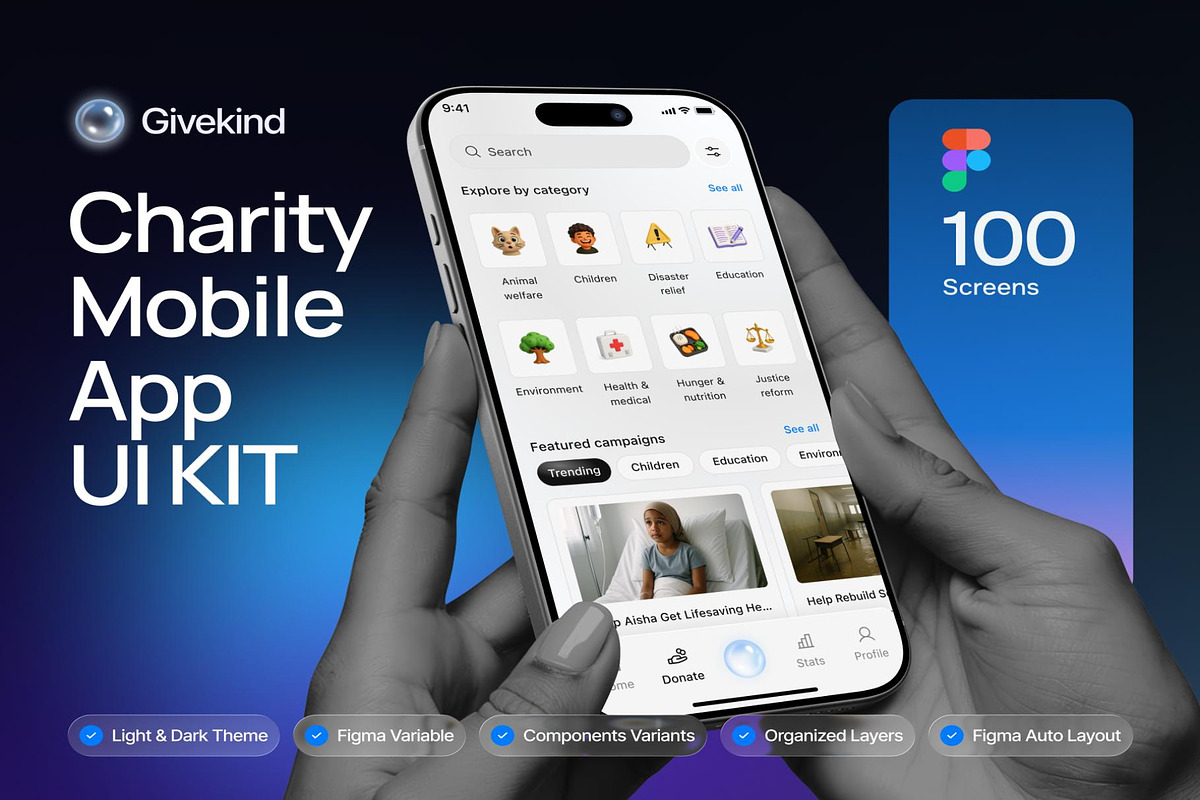 GiveKind - Charity Mobile App UI KIT, an UI Kit Template by Creative Perspective (Photo 1 of 8)