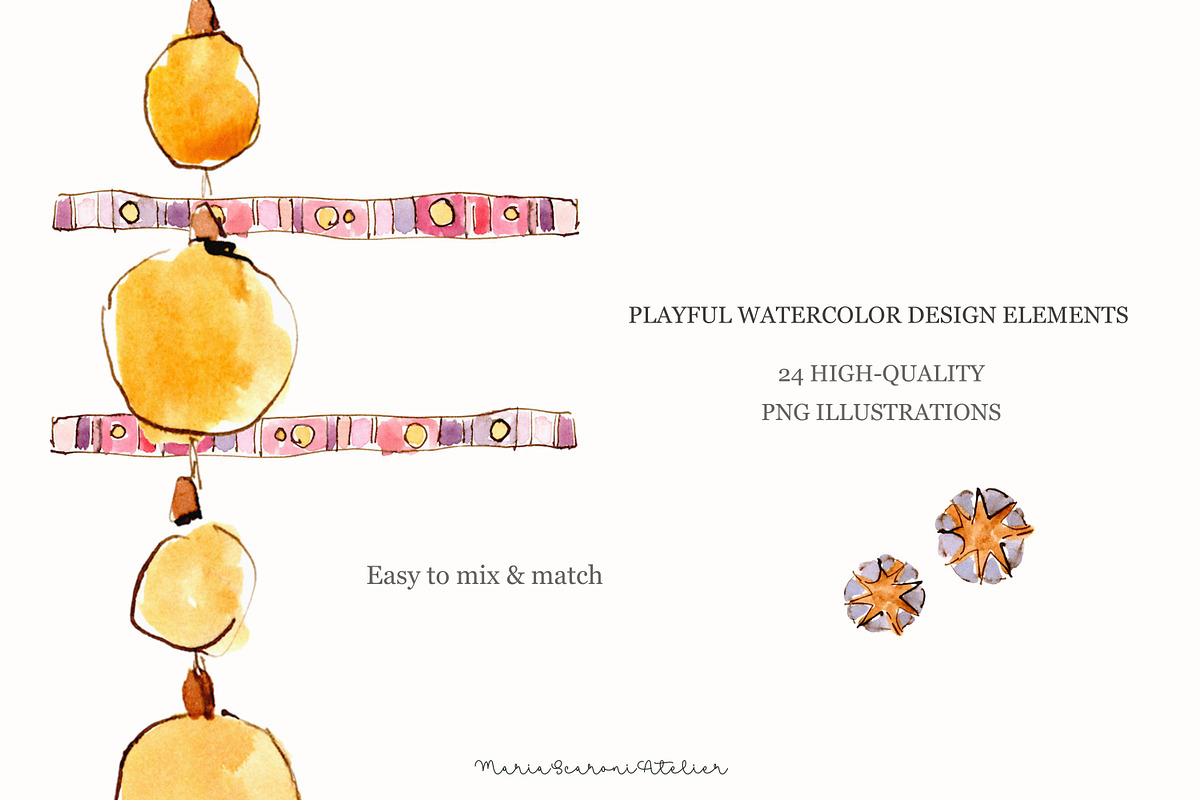 Playful Watercolor Design Elements, an Object Illustration by MariaScaroniAtelier (Photo 4 of 10)