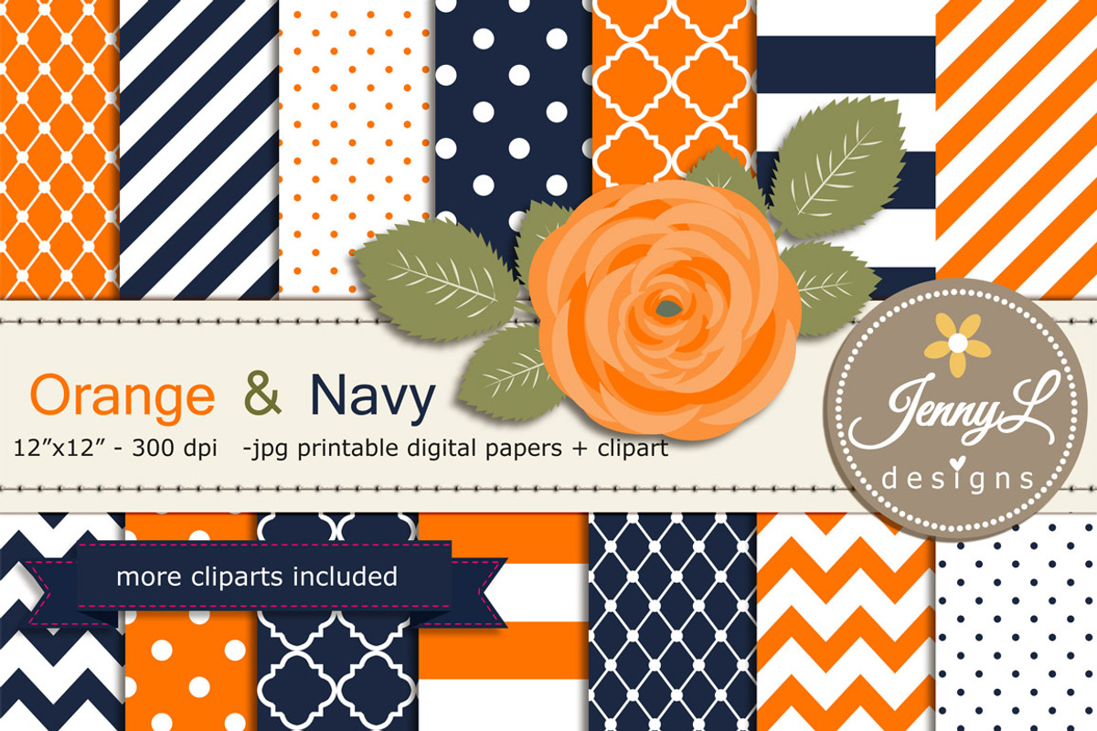 Orange and Navy Digital Papers, a Pattern Graphic by JennyL Designs (Photo 1 of 3)