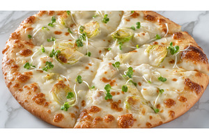 A white table holds a pizza topped, a Food & Drink Photo by ZinetroN