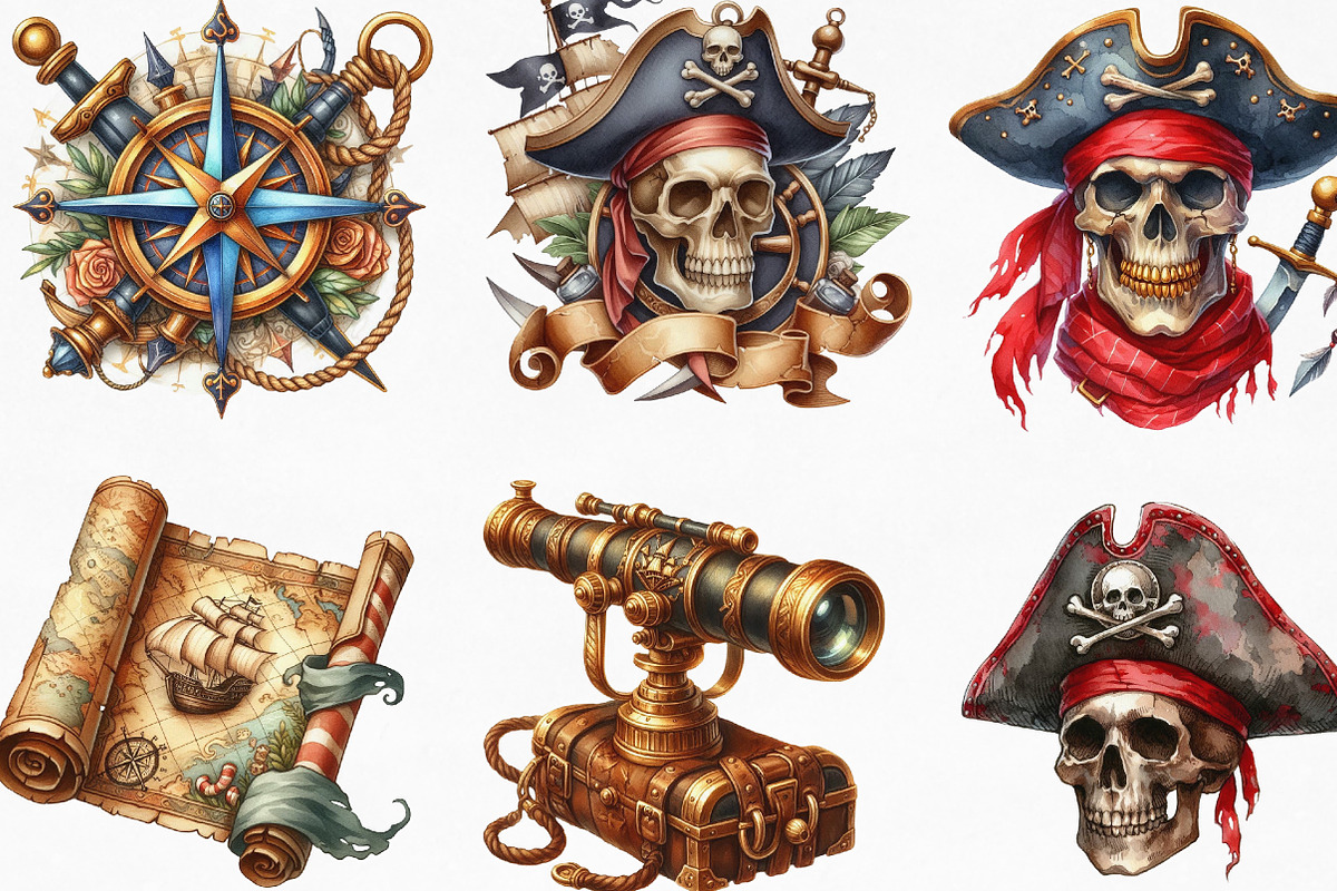 Watercolor Pirate Clipart Bundle, an Illustration by Designking (Photo 2 of 4)
