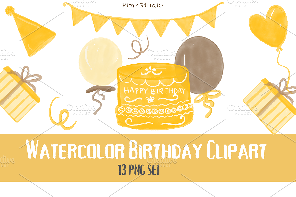 Birthday elements in watercolor set, an Object Illustration by RimzStudio (Photo 1 of 3)