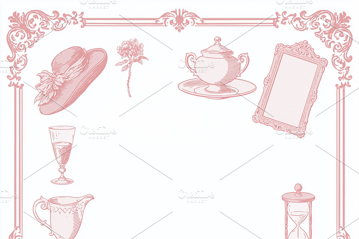 Vintage ornamental frame with feminine objects, elegant feminine, an Illustration by Studio ANNA