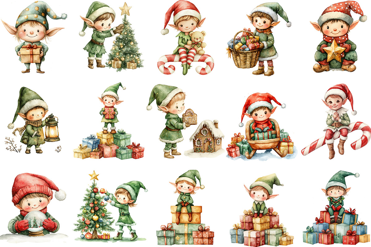 Christmas Elf Watercolor Clipart, an Illustration by Designking (Photo 2 of 5)