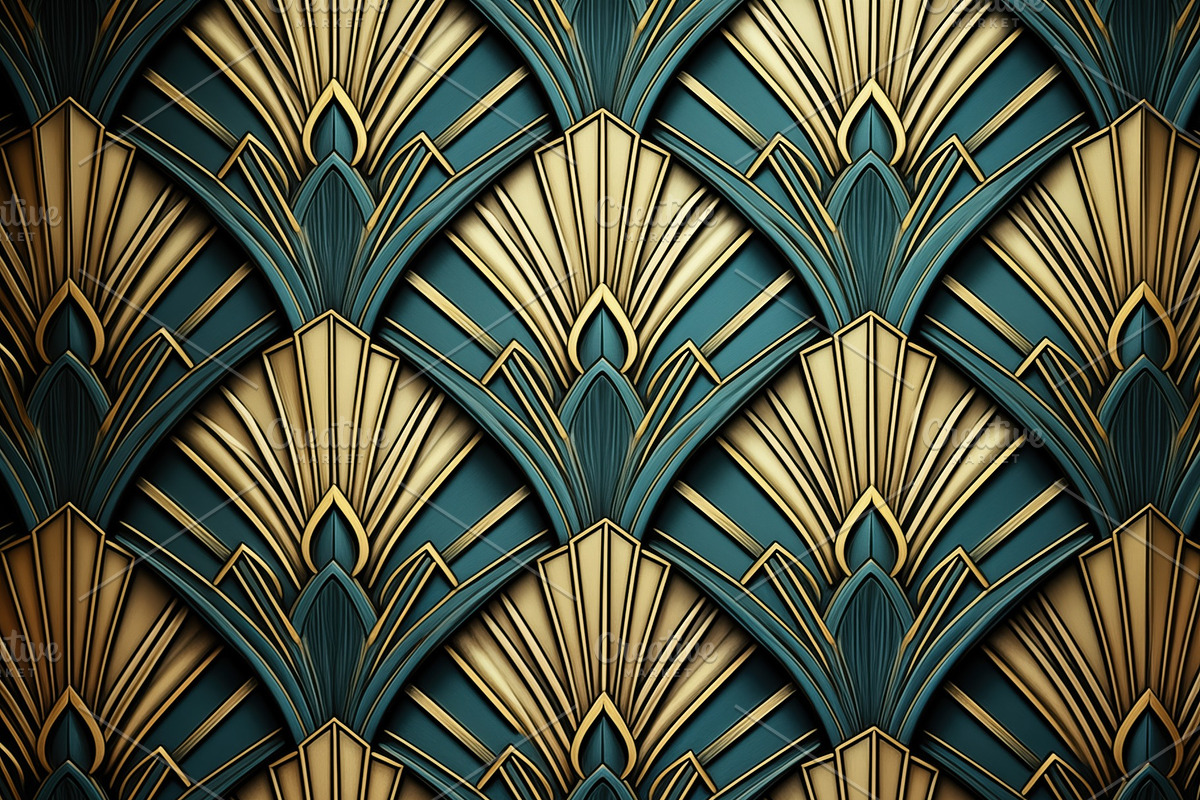 An elegant art deco pattern featuring intricate fan shapes in gold and teal col, a Pattern Graphic by Textures & Backgrounds
