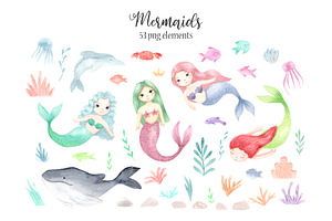 Watercolor Mermaids. Kids Cliparts