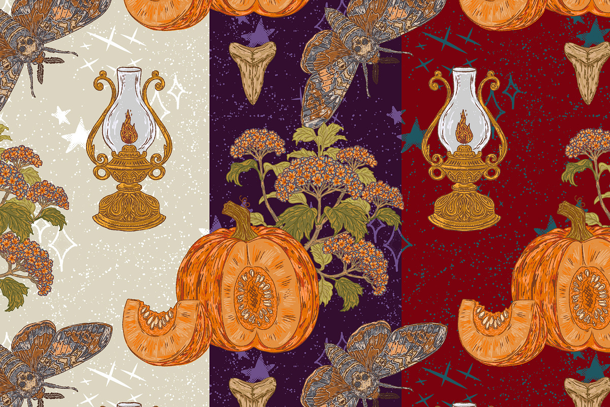 Pumpkin, Hawk Moth, Kerosene Lamp, a Pattern Graphic by NayaChu (Photo 1 of 9)