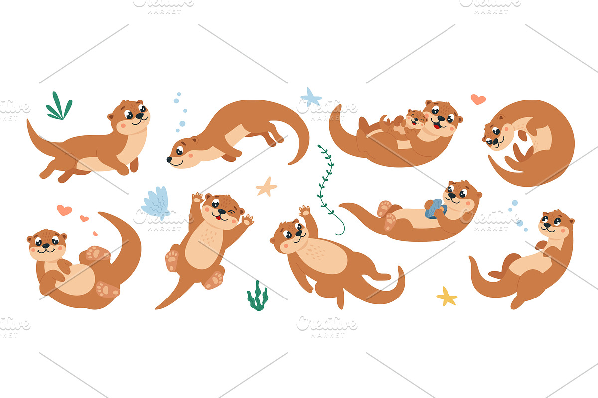 Otters characters. Funny cartoon, an Animal Illustration by LadadikArt