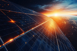 A futuristic view of solar panels reflecting sunlight in space, with Earth visi, a Technology Photo by Textures & Backgrounds