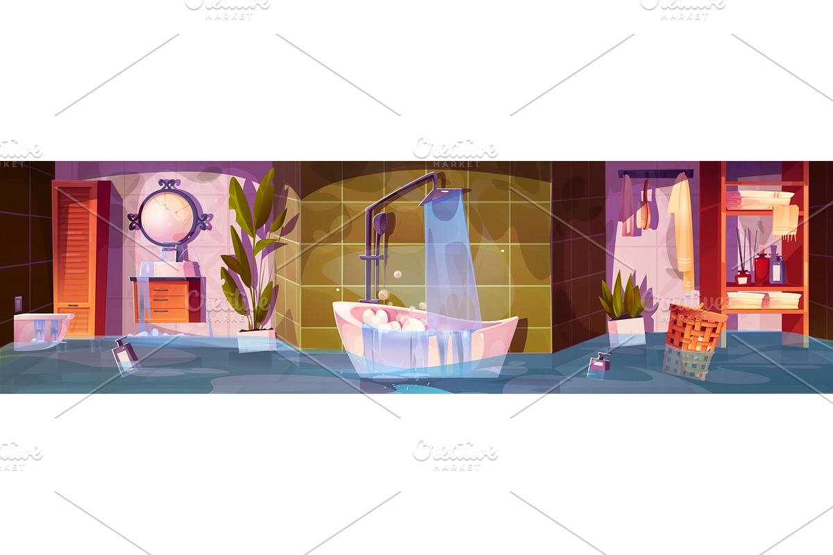 Flooded cartoon bathroom interior, an Object Illustration by art PVP - market