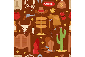 Wild West Cartoon Icons Set Cowboy Rodeo Equipment And Different Accessories Vector Illustration Seamless Pattern