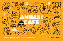 Animal Cafe. Mascots & Food Doodles by  in Illustrations